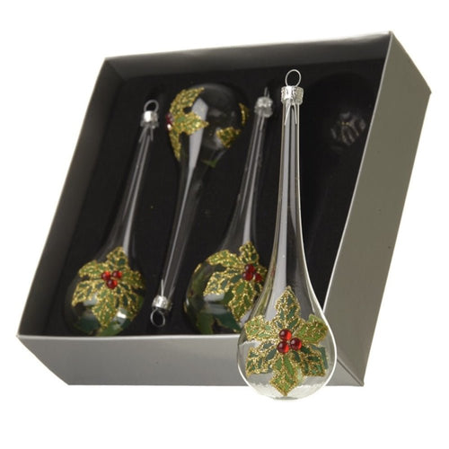 Set of 4 Glass Holly Droplet Christmas Tree Decorations - The Christmas Imaginarium