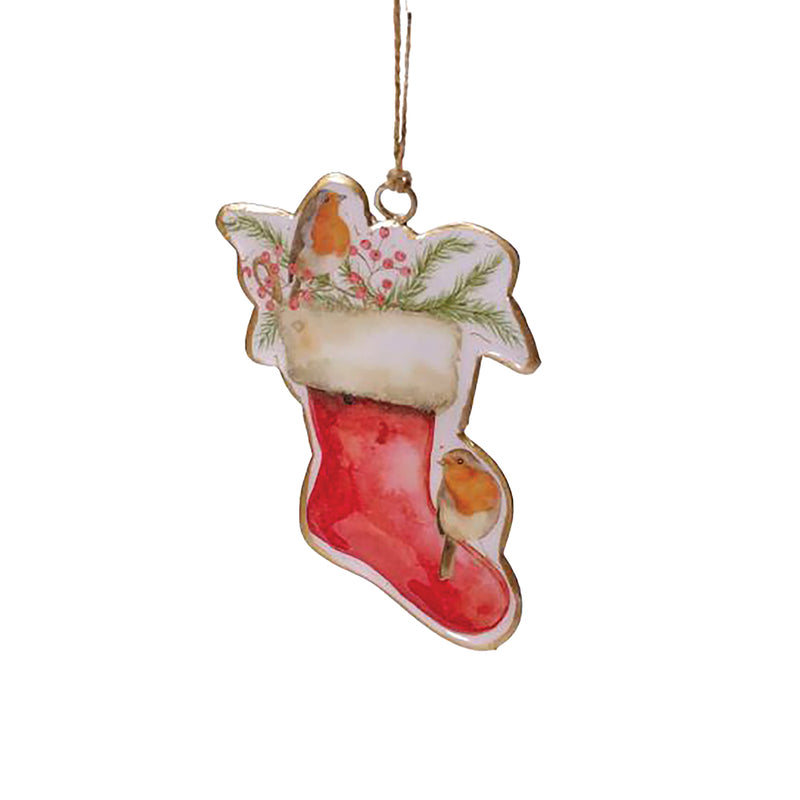 Metal Hanging Decoration – Christmas Stocking with Robins 10cm