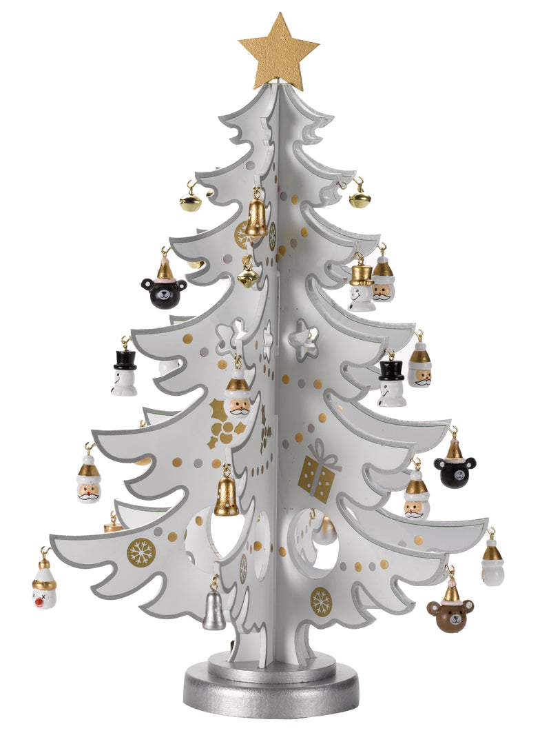 Silver & White Wooden Christmas Tree With Mini Decorations – 32 cm