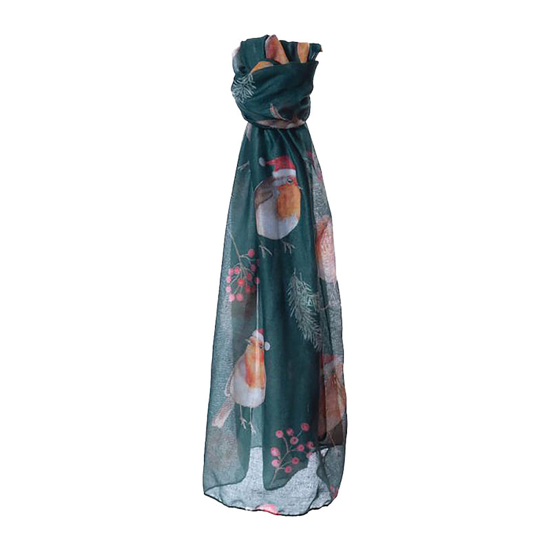 Festive Robin Print Christmas Scarf – 180 x 70 cm