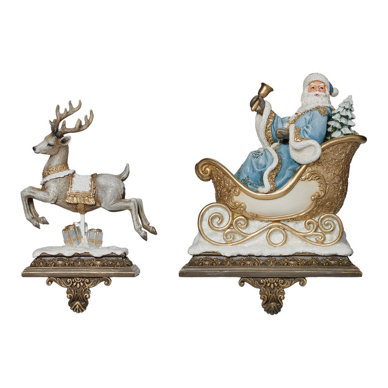 Pair of Luxury Grey & Gold Santa Claus and Reindeer Stocking Hangers