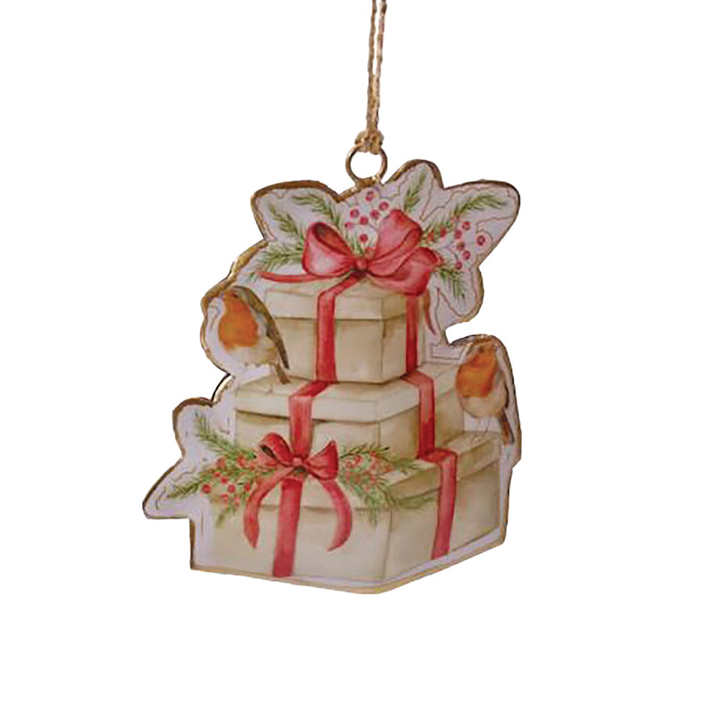 Metal Hanging Decoration – Christmas Gifts with Robins - 11cm