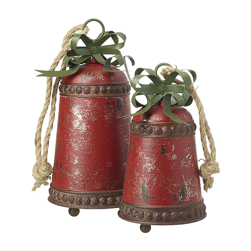 Set of 2 Rustic Red Bells with Green Bows - 26cm