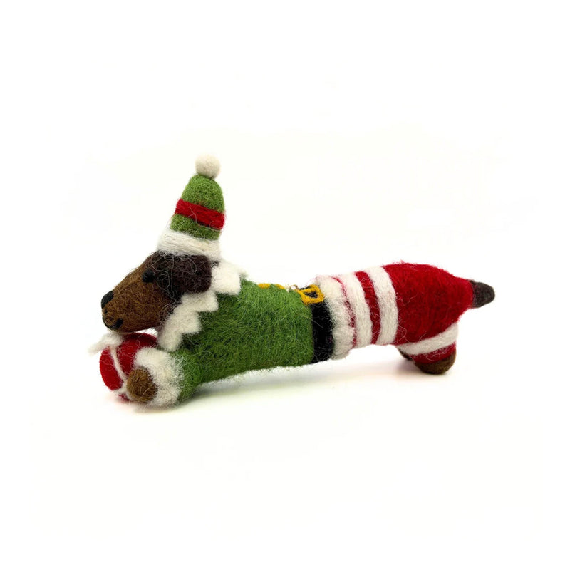 Felt Elf Sausage Dog Christmas Tree Decoration