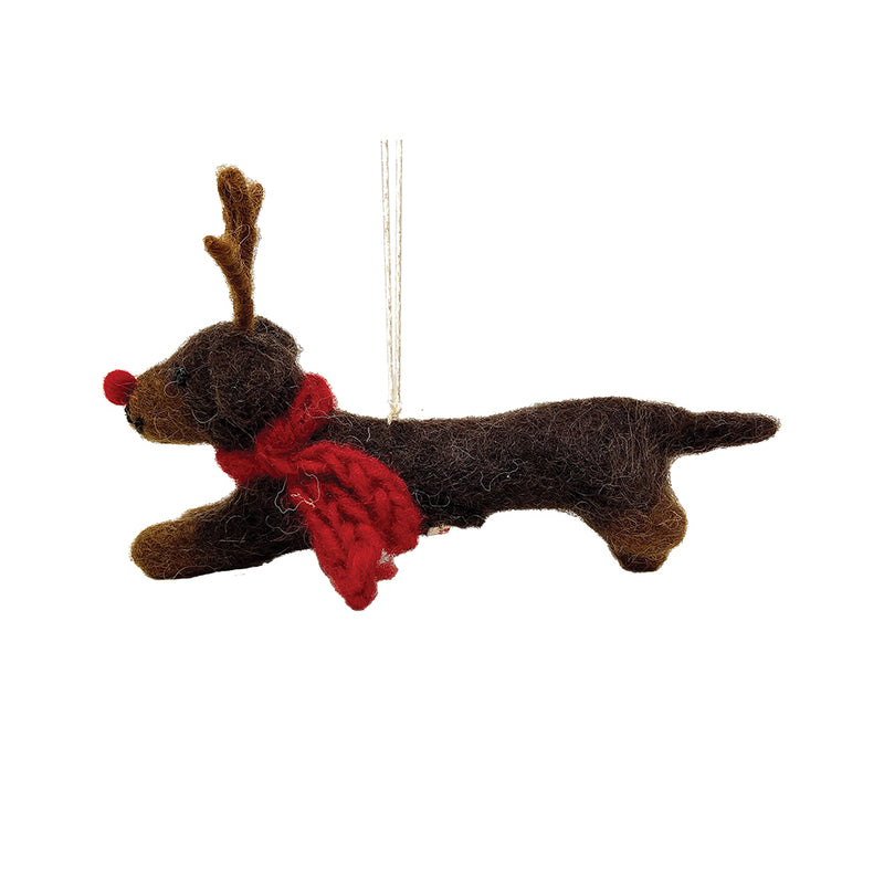 Felt Sausage Dog with Antlers Christmas Tree Decoration
