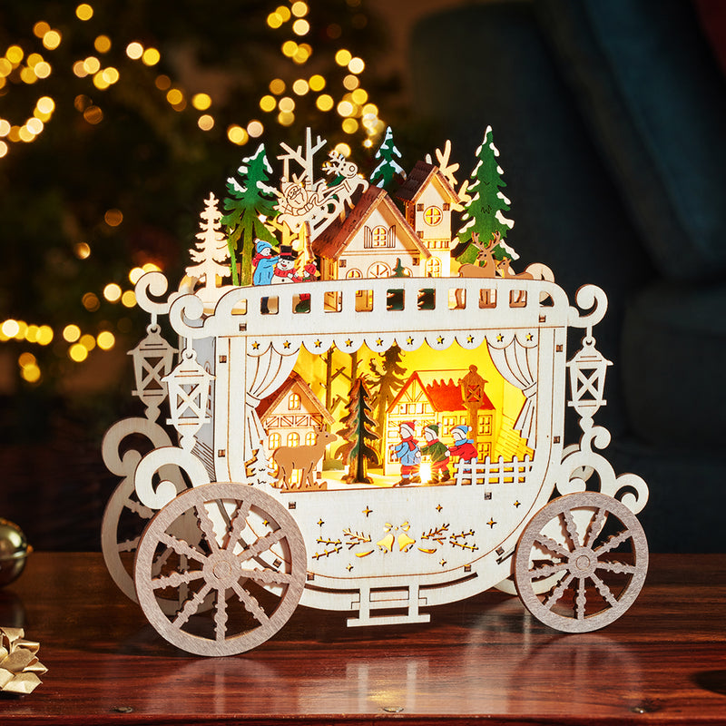 Light Up Wooden Christmas Carriage Scene – 25cm