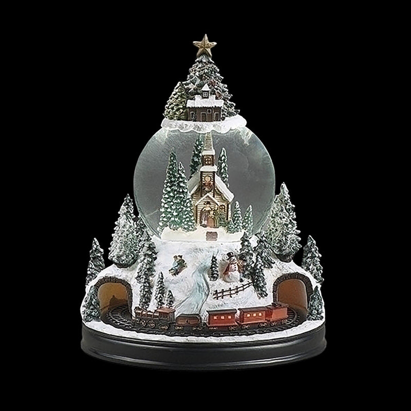 Lighted Musical Church Snow Globe with Rotating Train – 11 Inches