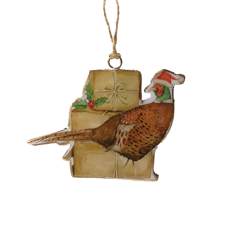 Metal Hanging Decoration – Pheasant with Presents - 10cm
