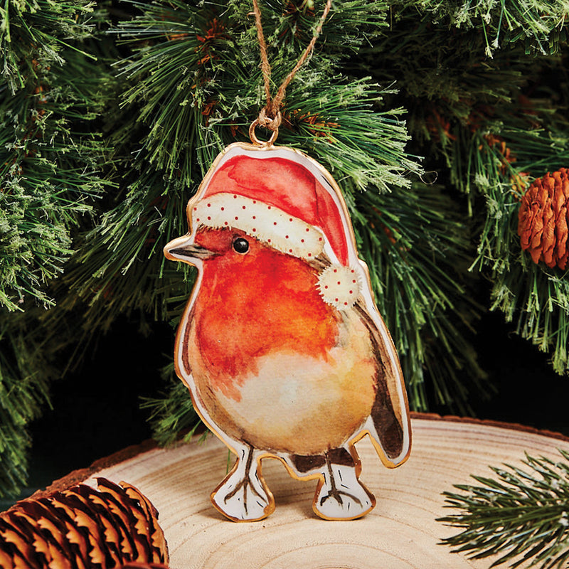 Painted Robin in Santa Hat Metal Christmas Tree Decoration - 14cm