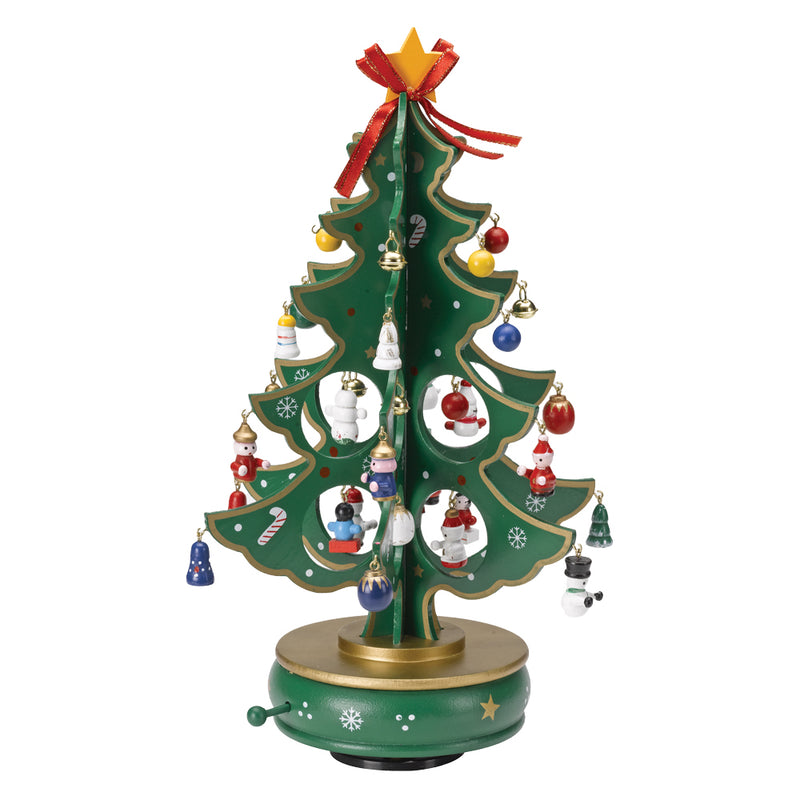 Musical & Rotating Wooden Christmas Tree with Mini Decorations - 32cm