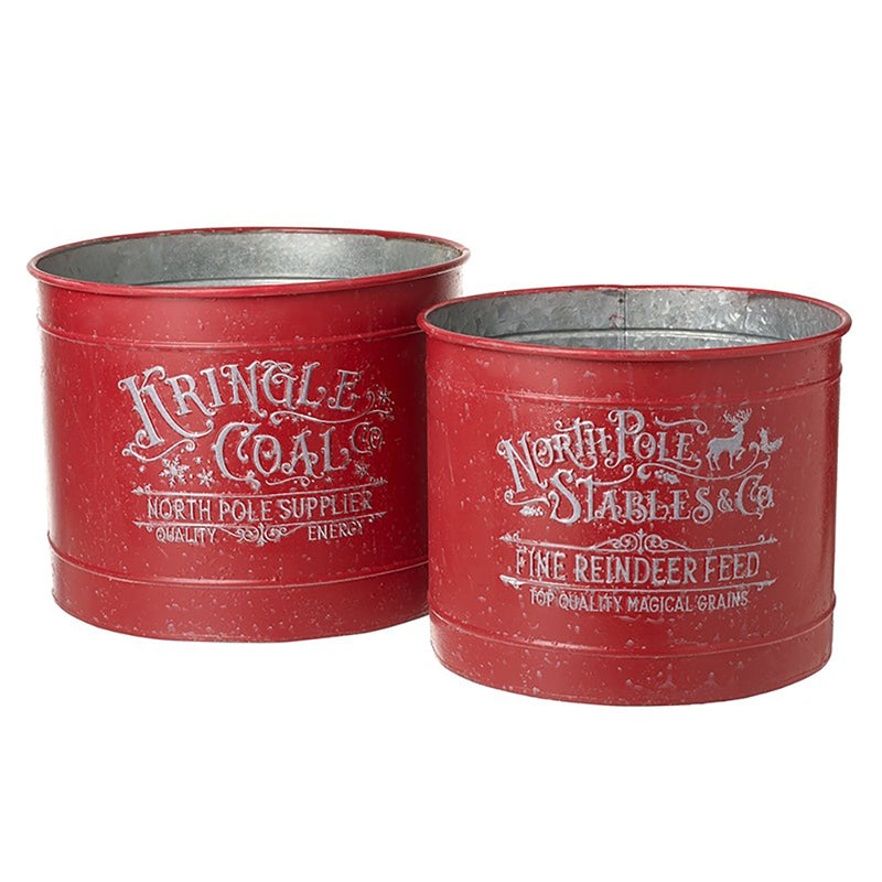 North Pole Metal Storage Tubs – Set of 2 (Kringle Coal & Reindeer Feed) 31cm