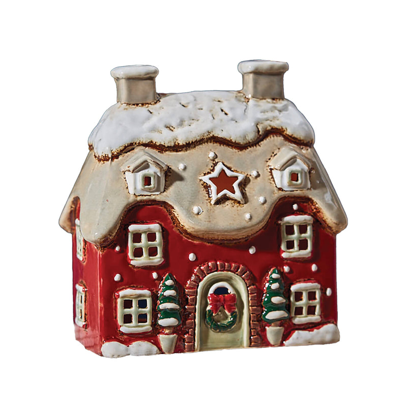 Red Stoneware Cottage Christmas Tea Light Holder