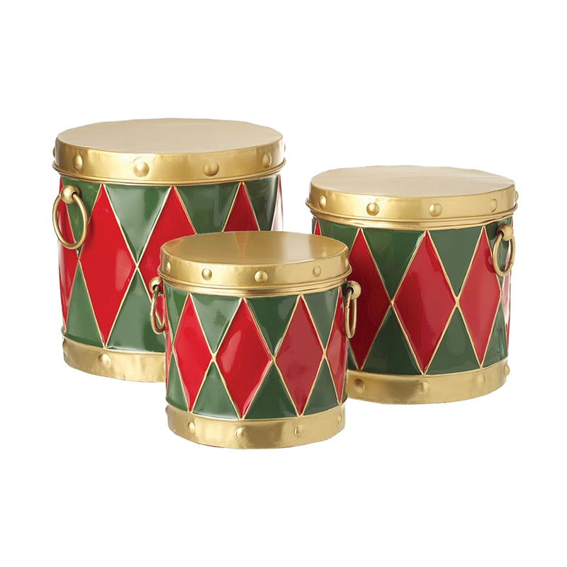 Set of 3 Tall Drum Christmas Tins with Handles