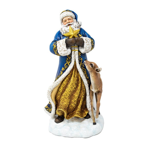 Blue Santa Claus With Baby Deer Christmas Figurine - The Christmas Imaginarium