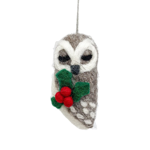 Felt Owl with Holly Sprig Christmas Tree Decoration - The Christmas Imaginarium