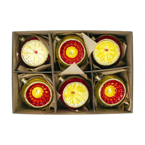 Large Red & Gold Hand Blown Glass Baubles (Set of 6) - 8cm - The Christmas Imaginarium