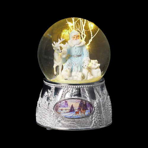 Light Up Winter Santa & Animals With Silver Base Snow Globe - The Christmas Imaginarium