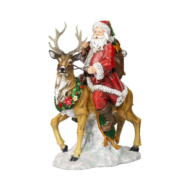 Poinsettia Santa Riding Reindeer Figure - 31cm - The Christmas Imaginarium
