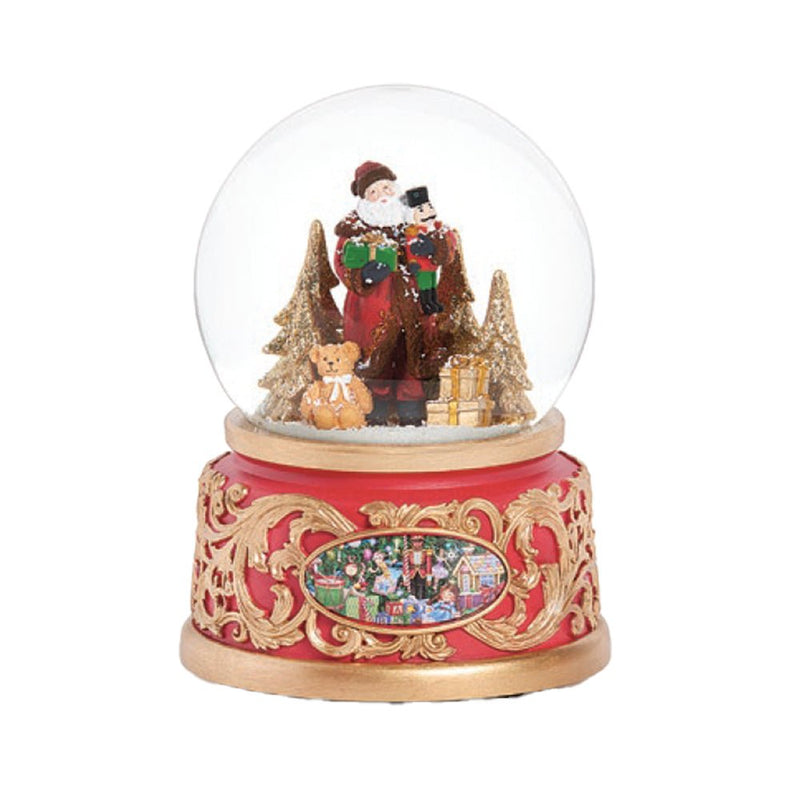 Santa Claus With Toys and Ornate Red and Gold Base Snow Globe - The Christmas Imaginarium