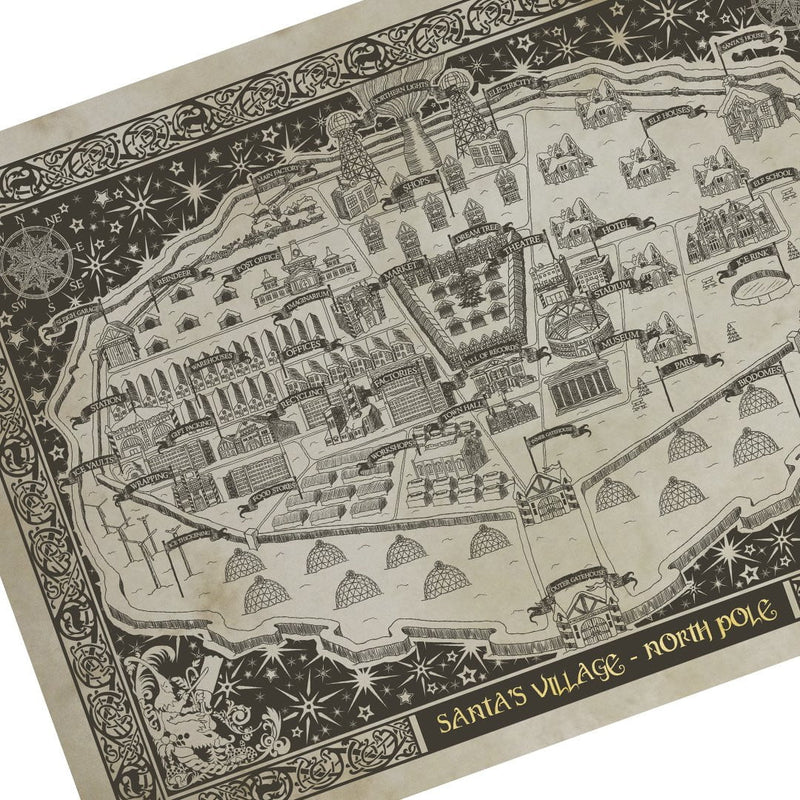 Santa's Village Map Gold Foiled Heavyweight Art Print (A3 42cm x 29.7cm) - The Christmas Imaginarium