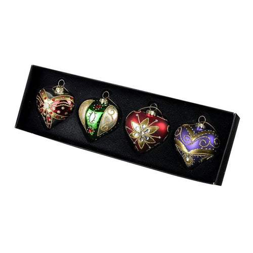 Set of 4 Ornate Coloured Glass Heart Christmas Tree Decorations - The Christmas Imaginarium