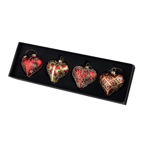 Set of 4 Ornate Red Glass Heart Christmas Tree Decorations - The Christmas Imaginarium