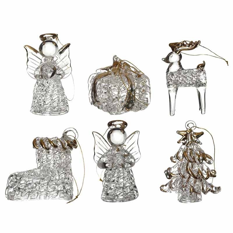 Set of 6 Clear Glass Christmas Tree Decorations with Gold Accents - The Christmas Imaginarium